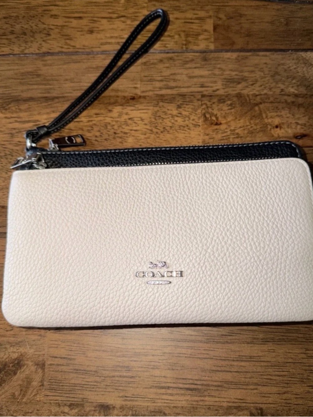 COACH White Pebbled Leather Zip Wristlet with Black Trim